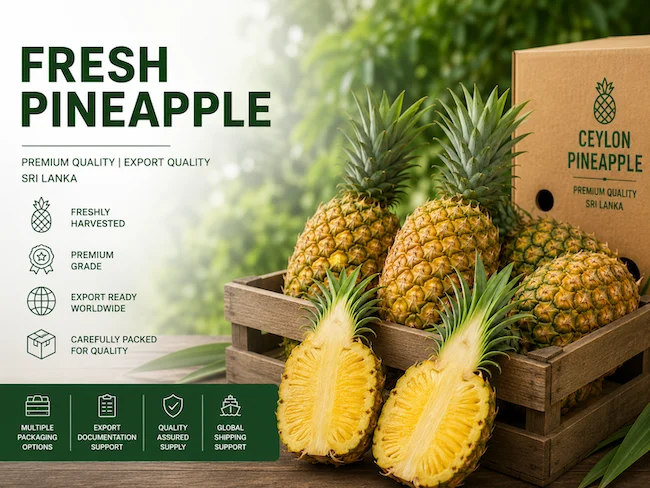 Fresh pineapples for export from Sri Lanka displayed in a wooden crate with sliced fruit in the foreground. Premium export-quality Sri Lankan pineapples with bulk supply, export-ready packaging, and global shipping support.