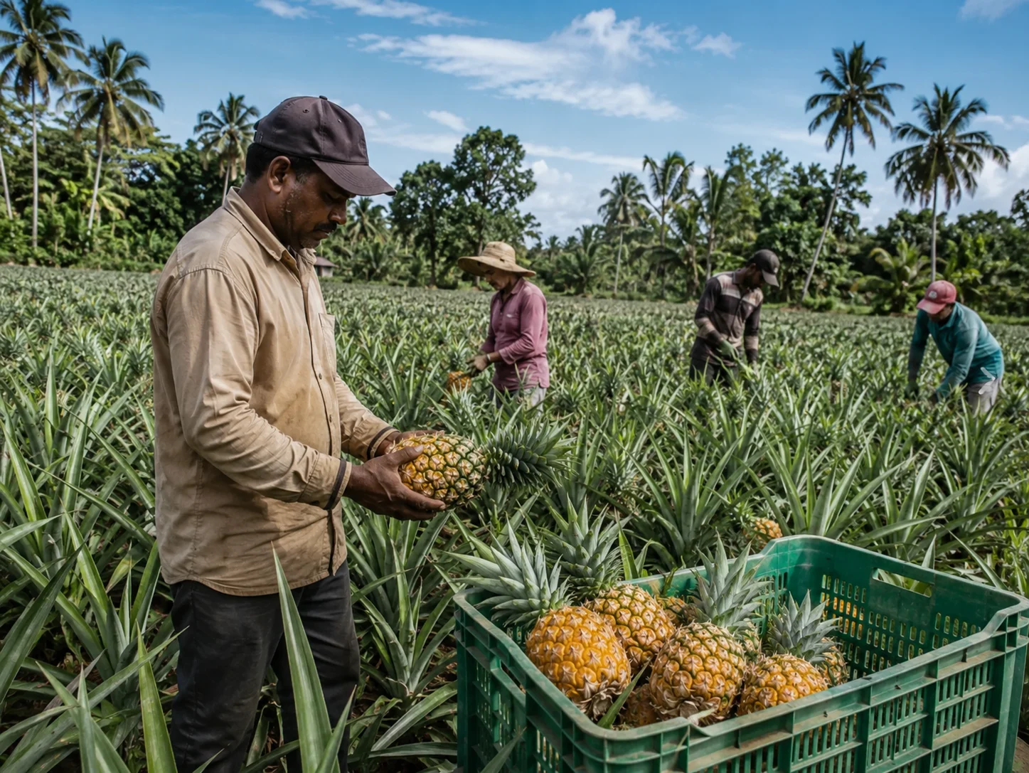 Workers harvesting fresh pineapples in a commercial pineapple plantation in Kalutara, Sri Lanka. Farmers inspect and collect ripe pineapples into plastic crates, showcasing export-quality fruit production under natural daylight.