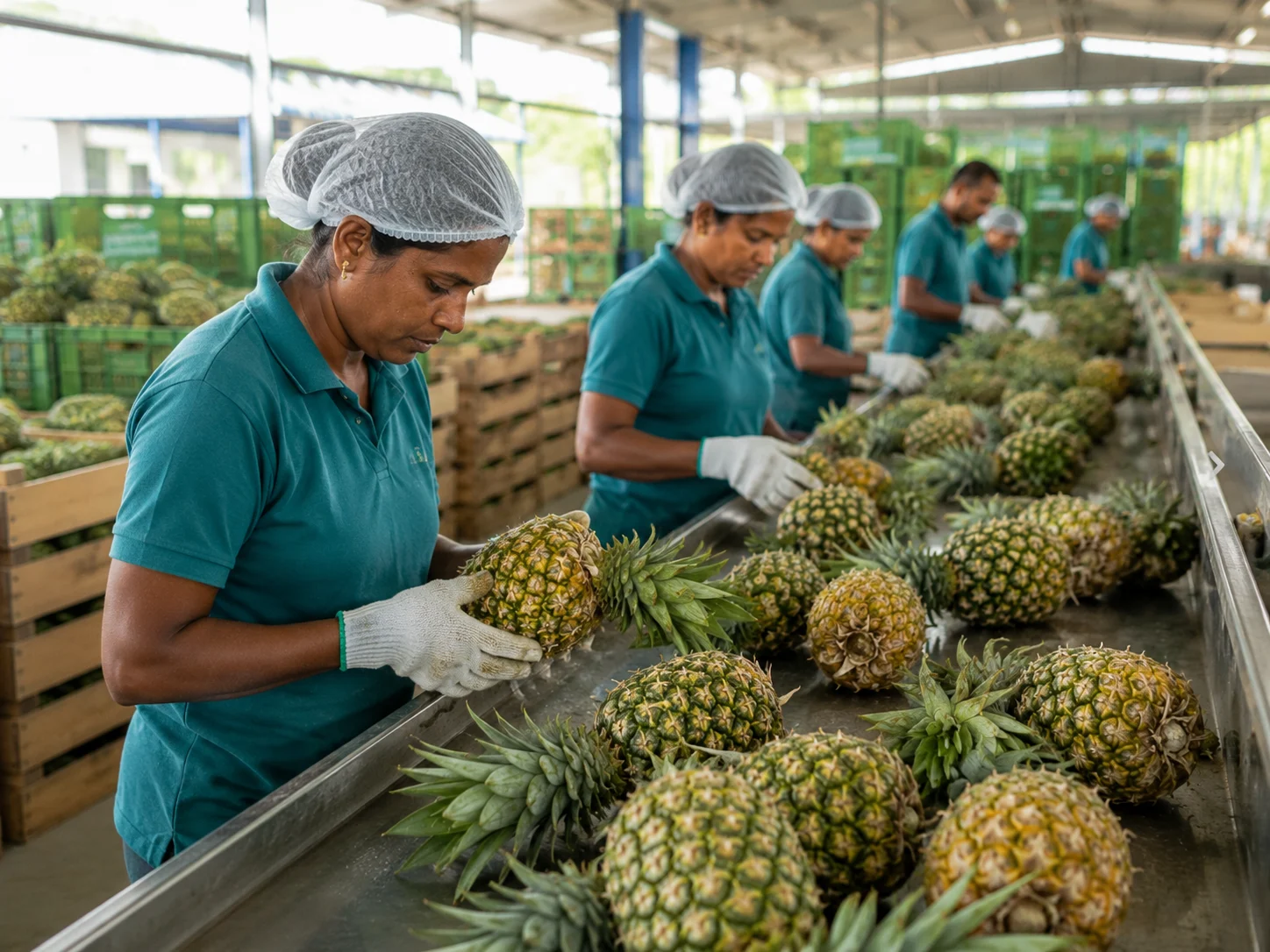 Workers sorting and grading fresh pineapples at a commercial packing facility in Kalutara, Sri Lanka. Export-quality pineapples are carefully inspected on stainless steel sorting tables before packing for international shipment.