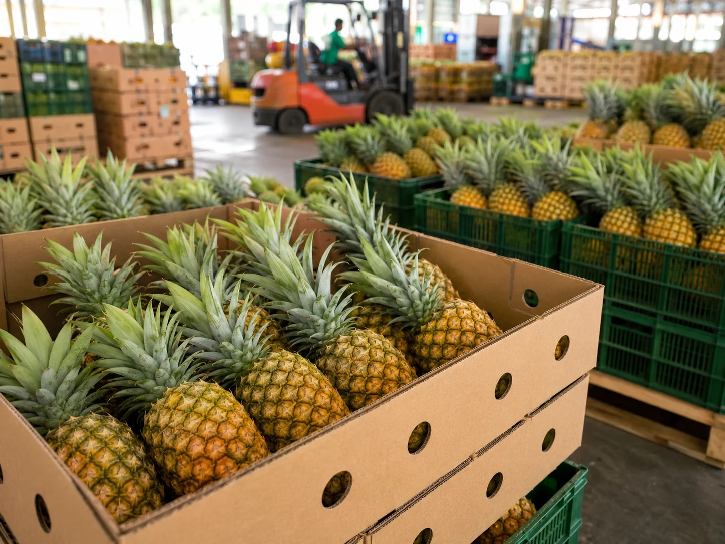 Fresh Pineapple for Export from Sri Lanka packed in ventilated export cartons and plastic crates, neatly stacked on wooden pallets inside a clean export warehouse with a forklift blurred in the background.