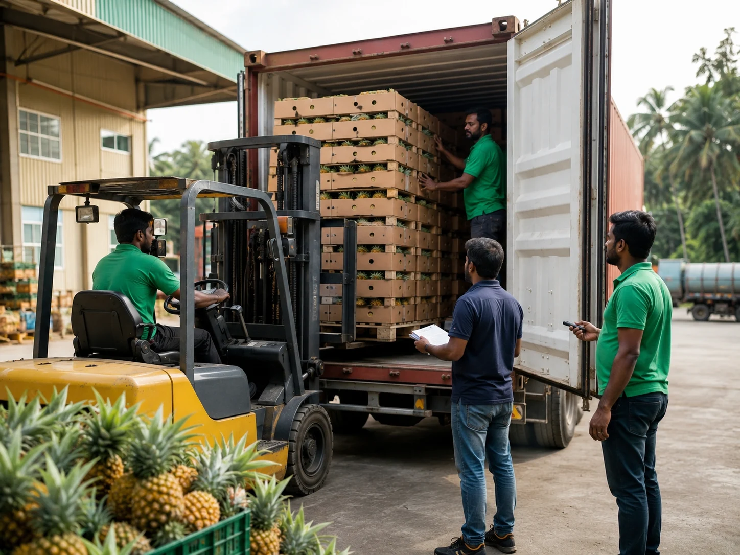 Sri Lankan workers use a forklift to load pallets of freshly packed pineapples into a refrigerated shipping container at a clean export facility under tropical daylight.Fresh Fresh Pineapple for Export from Sri Lanka are carefully loaded into a refrigerated shipping container using a forklift while logistics staff supervise the export process, ensuring safe handling and optimal freshness for international markets.