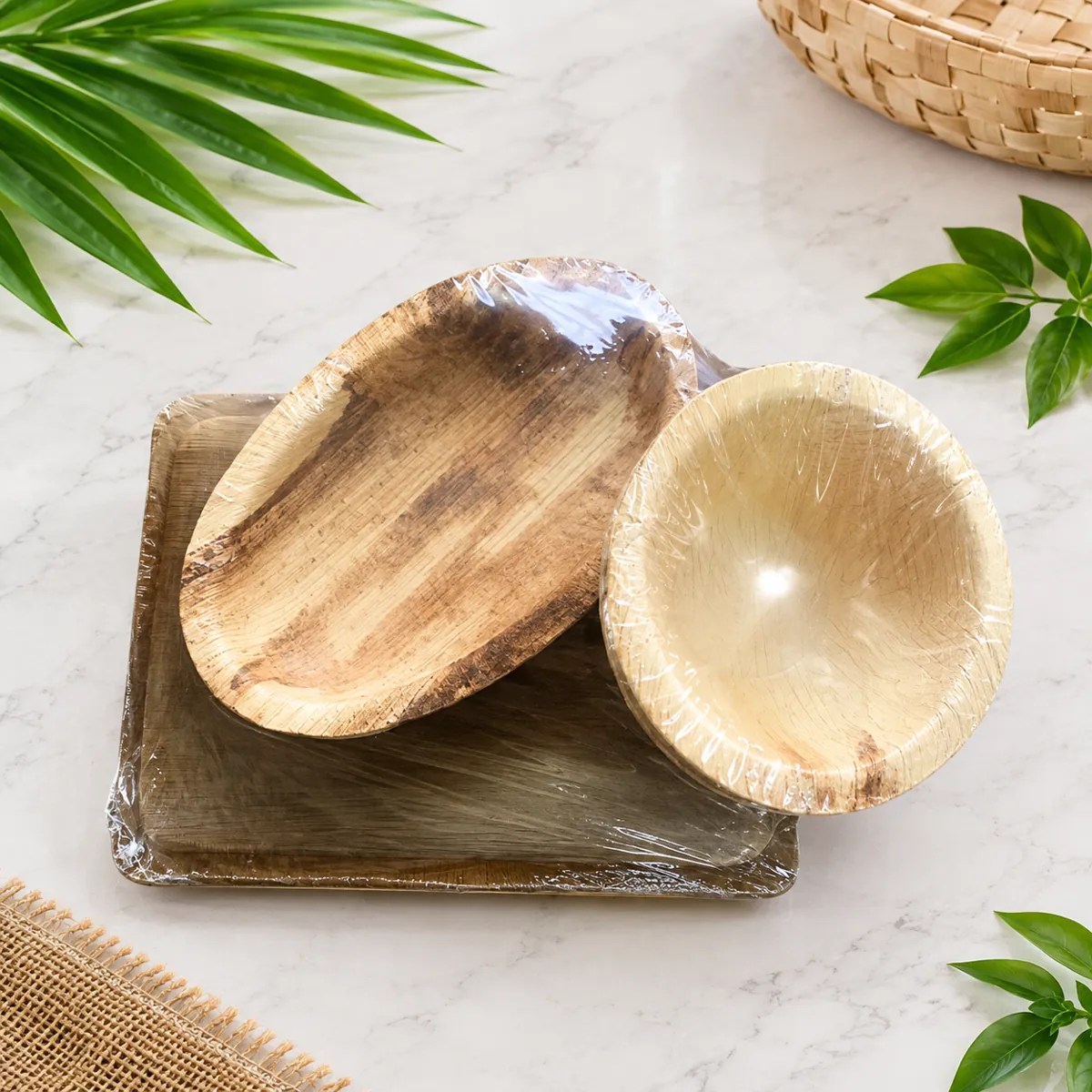 Areca leaf bowl, oval plate and square plate for eco friendly food service