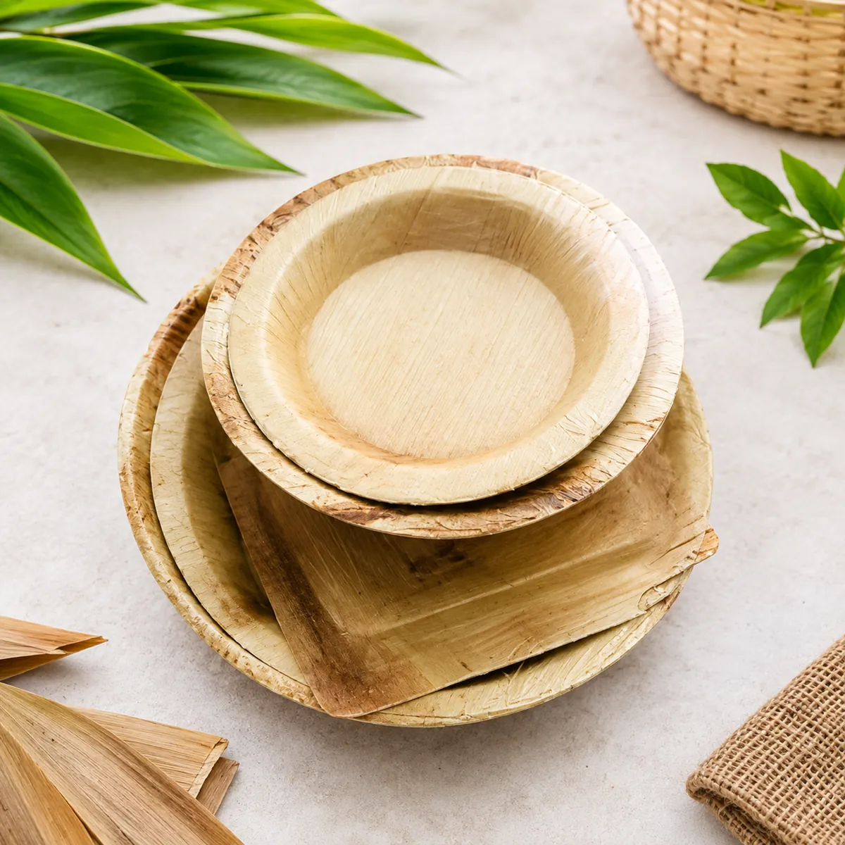 Round areca palm leaf plates and bowls, biodegradable tableware made in Sri Lanka