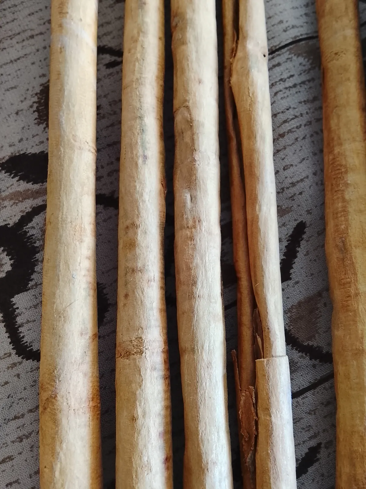 Close up of hand rolled Ceylon cinnamon quills C4 grade showing thin bark layers