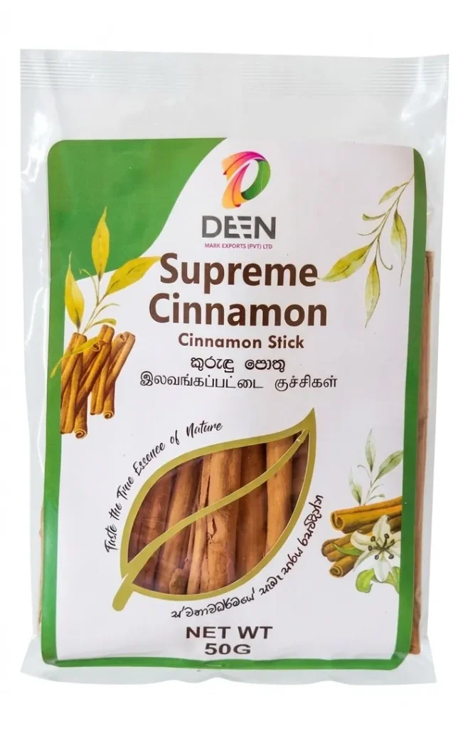 Ceylon cinnamon sticks in a 50g zip lock retail pack ready for export