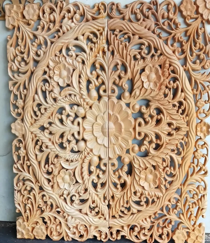 Premium mahogany CNC carved decorative wall panel with floral pattern, made in Sri Lanka for export