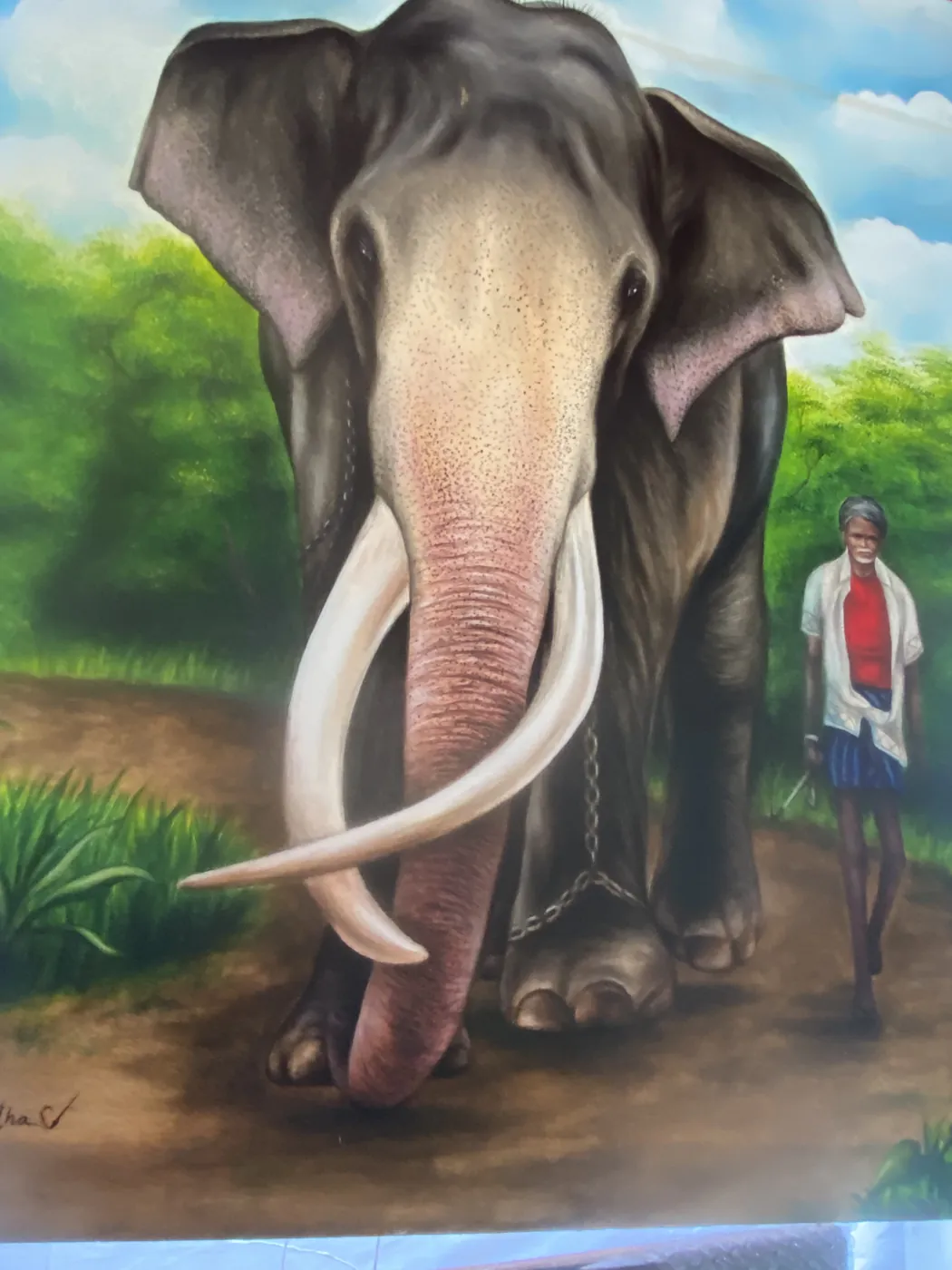 Hand painted Sri Lankan tusker elephant with mahout, original canvas painting from Gampaha, Sri Lanka